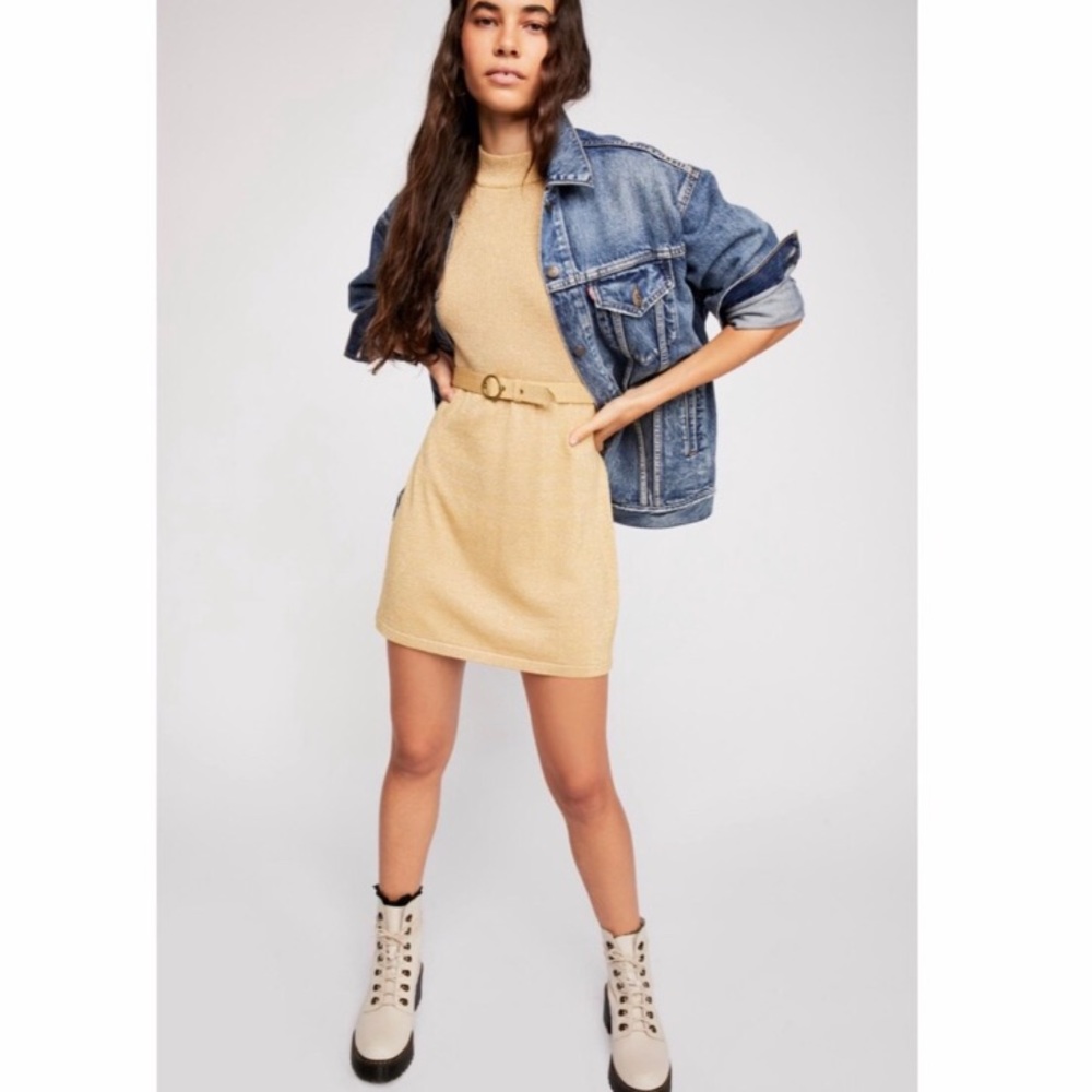 New Free People French Girl Sweater Mini Sweater Dress Gold New With Tags Gold